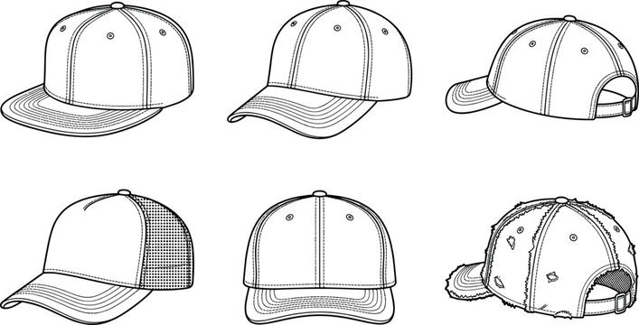 Baseball Cap and Trucker Hat Outline Icon Set with Front Side Back Views and Fashion Headwear Vector Illustrations