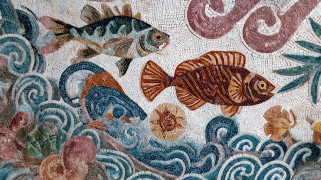 Ancient mosaic fish underwater scene
