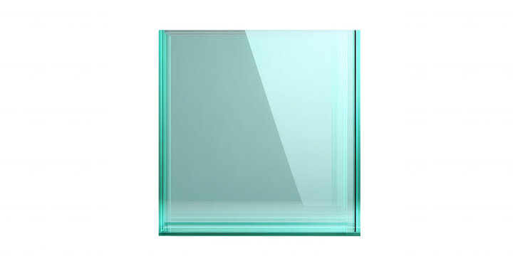 Panneau de verre &eacute;pais transparent avec bord turquoise et reflets de lumi&egrave;re complexes