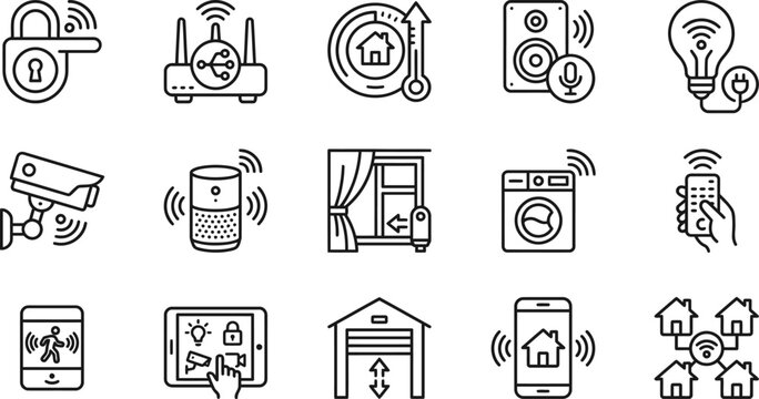 Smart home automation and security icons in line style  various devices and control systems