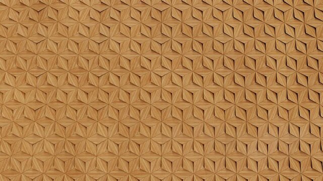 Seamless looping animation of 3D carved wood geometric pattern. Traditional star and hexagon texture for interior design backdrop and architectural background.