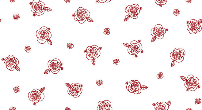 Doodle Roses Pattern: A charming and whimsical pattern of hand-drawn red roses and small buds scattered across a clean white background. Ideal for backgrounds, crafts, and whimsical designs.