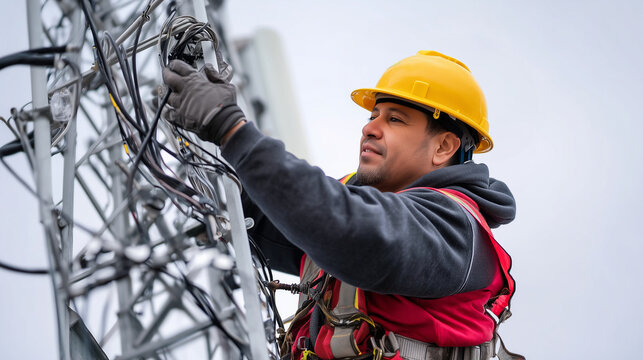 telecommunications engineer climbing cell tower for maintenance during network failure, overcast sky background