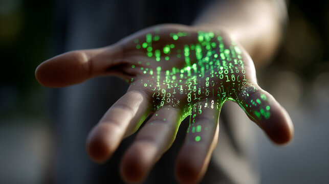 Macro close-up of a hand open palm with glowing neon green binary code 0 and 1 projected onto the skin texture, physical and digital connection, base-2 number system, future comput