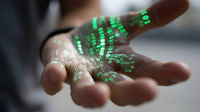 Macro close-up of a hand open palm with glowing neon green binary code 0 and 1 projected onto the skin texture, physical and digital connection, base-2 number system, future comput