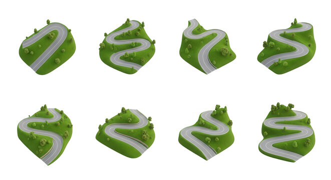 isometric winding road designs with trees on green blocks isolated on white travel and landscape