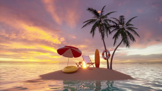 Idyllic tiny tropical island with palm tree, red beach umbrella, beach chair, and surfboard at a glowing sunset over calm ocean water. Perfect for summer, vacation, travel, and holiday content.