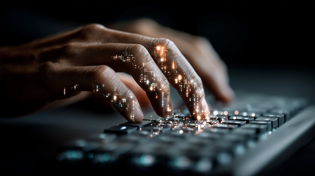 Macro close-up of a single gentle hand typing on a mechanical keyboard with glowing binary digits projected onto the fingers and keys, tech lifestyle aesthetic, electronic circuits