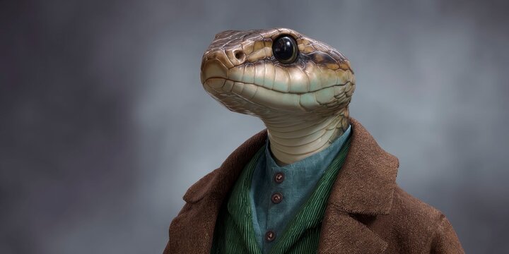 a snake, wearing a brown coat, green waistcoat, and a blue shirt with buttons. his head is slightly tilted to one side. he has large eyes.