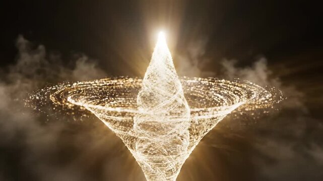 An extraordinary vortex of shimmering golden particles spirals upwards, illuminated by a brilliant light source, generating an ethereal and captivating spectacle of cosmic energy and swirling