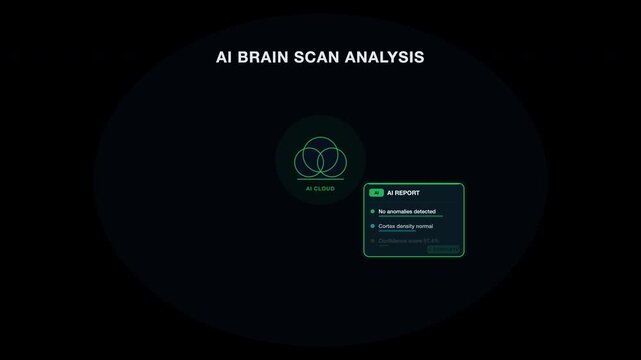 Ai brain scan analysis with a digital report for medical research, technology, artificial intelligence, neuroscience, healthcare, diagnosis, and computer science concepts.