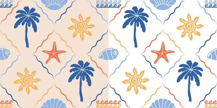 Abstract, modern, nautical naive seamless pattern with sea and tropical elements for relaxation and travel. Vector design.