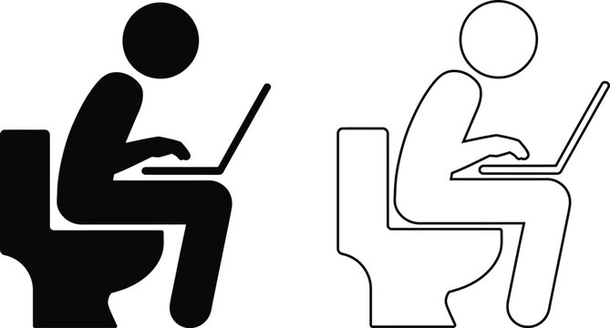 Person using laptop while sitting on toilet humor icon