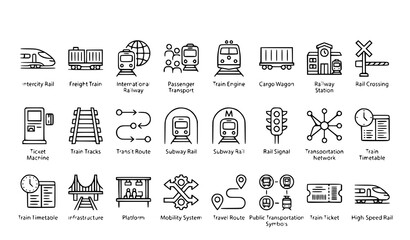 Railway Transit Outline Icon Collection with Freight Intercity and Passenger Train Symbols © Shultana