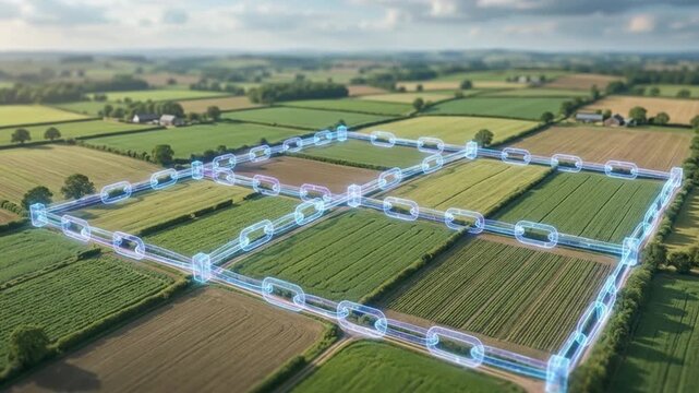 Medium shot zoom on farmland tracts connected by translucent blockchain links digitally illustrating a secure title ledger with distant fields artistically out of focus.