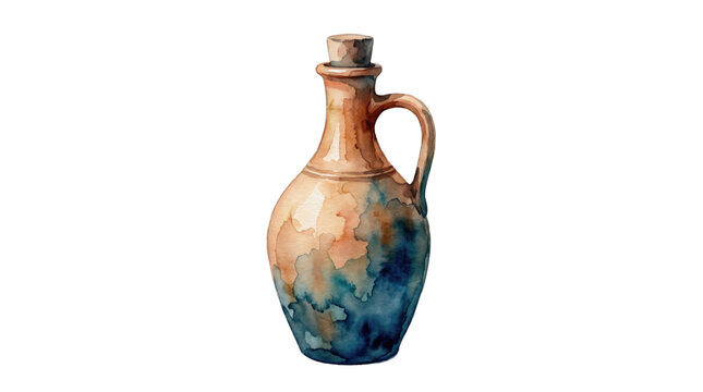 Vintage Clay Jug with Blue and Brown Watercolor Stains, Isolated on Transparent Background
