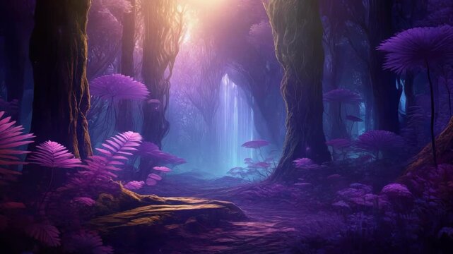 Enchanting Fantasy Forest with Glowing Purple Flora and Mystical Light.