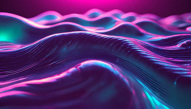Generative AI abstract 3D fluid metallic wave background with neon cian and magenta colors