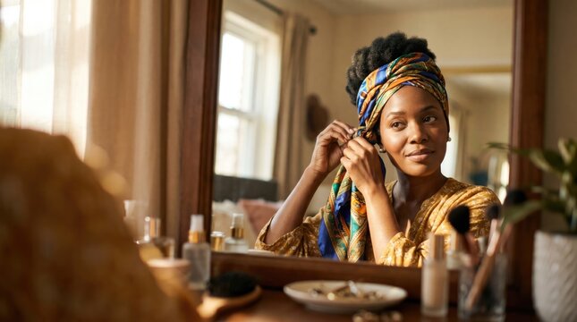 Woman styling her headscarf in front of a mirror
