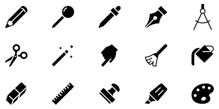 Drawing Tools Glyph Icon Set, Art Design Interface Vector Transparent Background