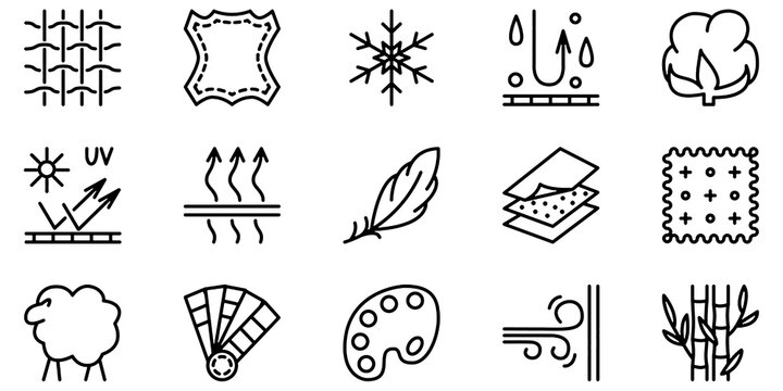 Fabric Feature Line Icon Set, Textile Garment Label Vector Transparent Background