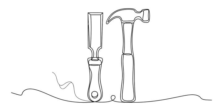 Continuous single line drawing of a wood chisel and a hammer construction tool icon vector illustration Vector, illustration