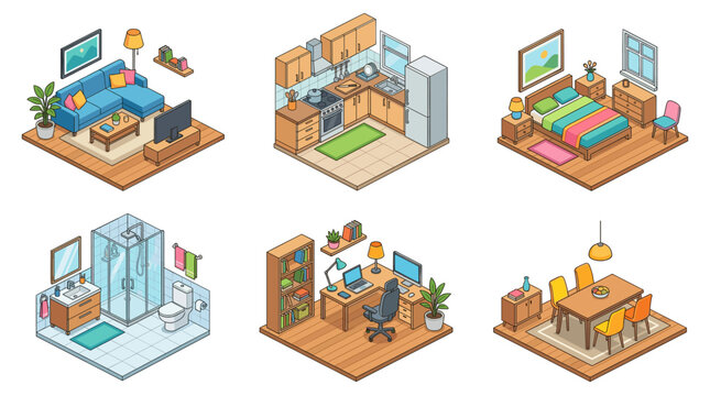 Modern Home Interior Rooms and Furniture Isometric Vector Illustration Set
Keywords: home interior, room set, isometric rooms, apartment interior, furniture colle
