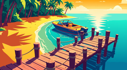 Fototapeta premium Captivating tropical beach vector illustration with a serene boat by a wooden dock, palm trees, and sunset glow, perfect for serene vacation dreams