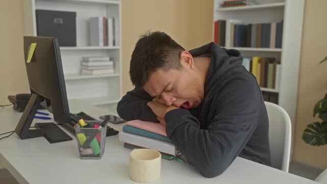 Man sleeping with head on a stack of books, hand under cheek, slumped at a desk in a library; study fatigue.