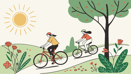 Fototapeta premium Relaxing summer bicycle ride vector illustration showing healthy outdoor lifestyle