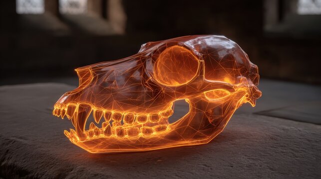 Radiant Fiery Orange Holographic Fox Skull Rendered With Intricate Glowing Wireframe Design