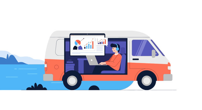Digital Nomad Working Remotely in Mobile Office Van with Data Analytics and Laptop