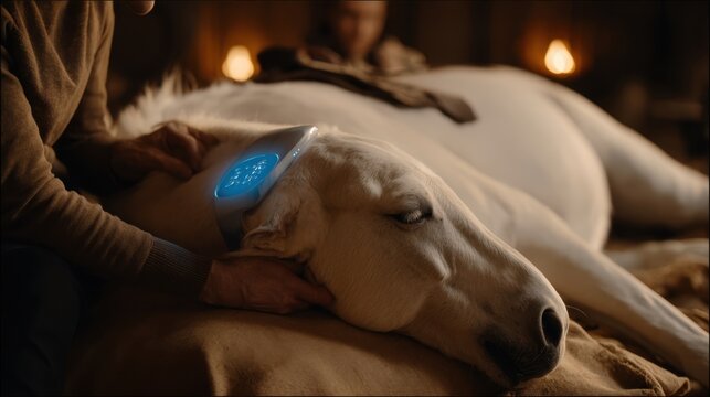 White dog wearing a regenerative sonic therapy emitter on its head undergoing treatment with glowing blue light
