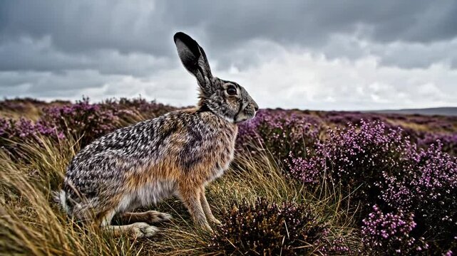 Hare sits cautiously amidst purple heather on a moorland
