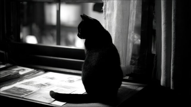 Solitary black cat sitting by window, observing the night with quiet contemplation