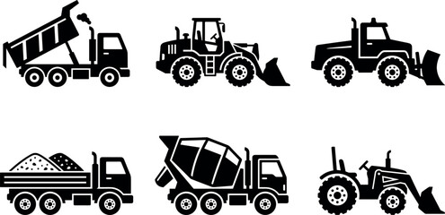 Construction vehicle vector icon collection with dump trucks tractors loaders and industrial machinery isolated design elements © Mstferdoshi