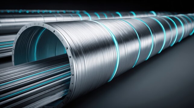 Polished metallic conduit housing delicate sensor with vibrant blue illuminated accents