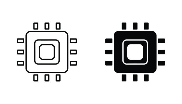 Electronic computer processor chip vector icons in outline and solid styles representing hardware technology digital computing and motherboard components for engineering or technical infographics
