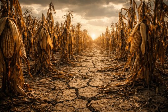 Parched agricultural land with drying corn representing climate crisis