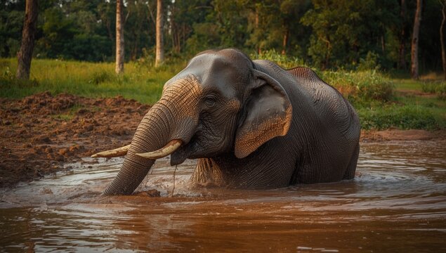 An elephant bathing playfully in a muddy water source