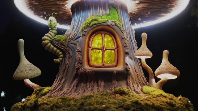Enchanted mushroom tree house with cute caterpillar moving in magical forest setting.