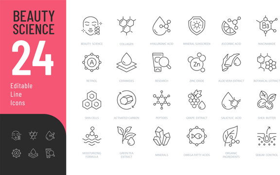 Beauty Science Line Editable Icons set. Vector illustration in a modern thin line style of skincare related icons: cosmetic ingredients, vitamins, minerals, and more. Isolated on transparent backgroun