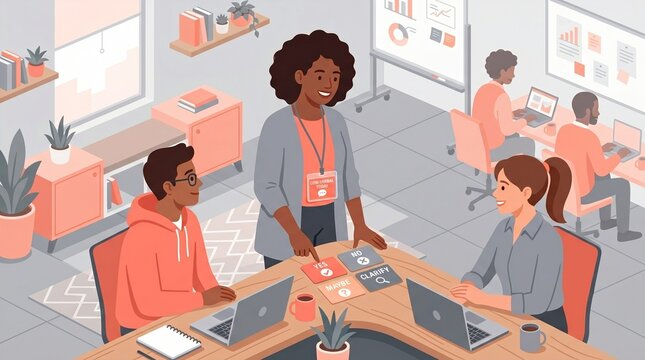 Isometric office vector illustration of a diverse business team communicating with a colleague wearing a low-verbal badge using AAC communication boards, inclusive workplace concept