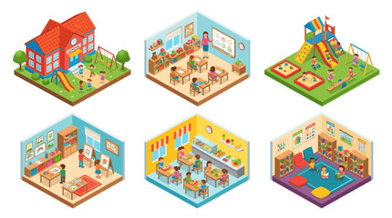 Naklejka premium Kindergarten School and Preschool Education Isometric Vector Illustration Set