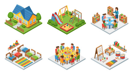 Fototapeta premium Kindergarten School and Preschool Education Isometric Vector Illustration Set