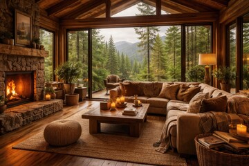 Fototapeta premium Warm and cozy home design with wood finishes and panoramic forest outlook