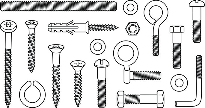 Industrial screws bolts washers nuts and anchor fasteners hand drawn vector hardware collection isolated on white