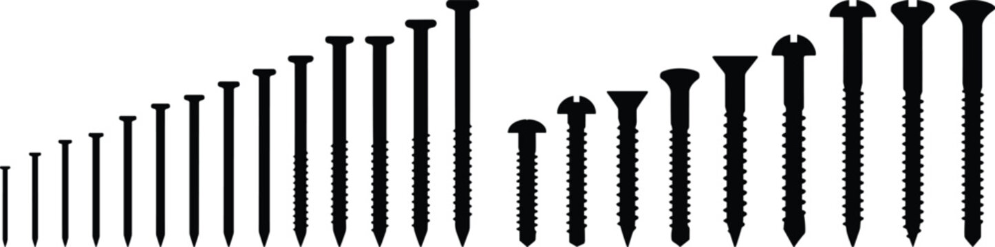 Nails and screws silhouette collection with different fastening hardware types isolated industrial vector set