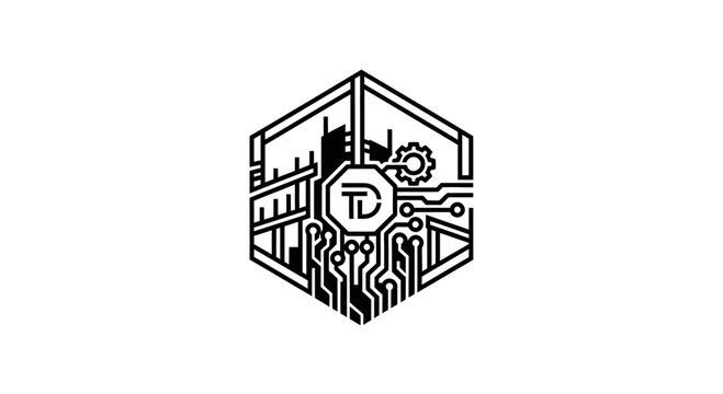 Abstract Hexagonal Technology Logo with Circuit Board and Gear Elements