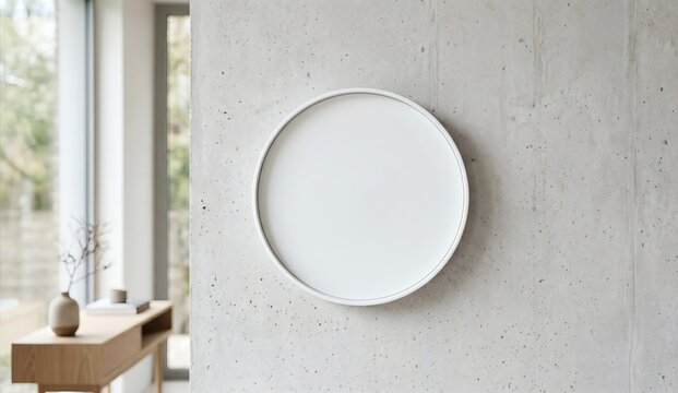 Blank minimalist white round wall clock face mockup on a concrete wall